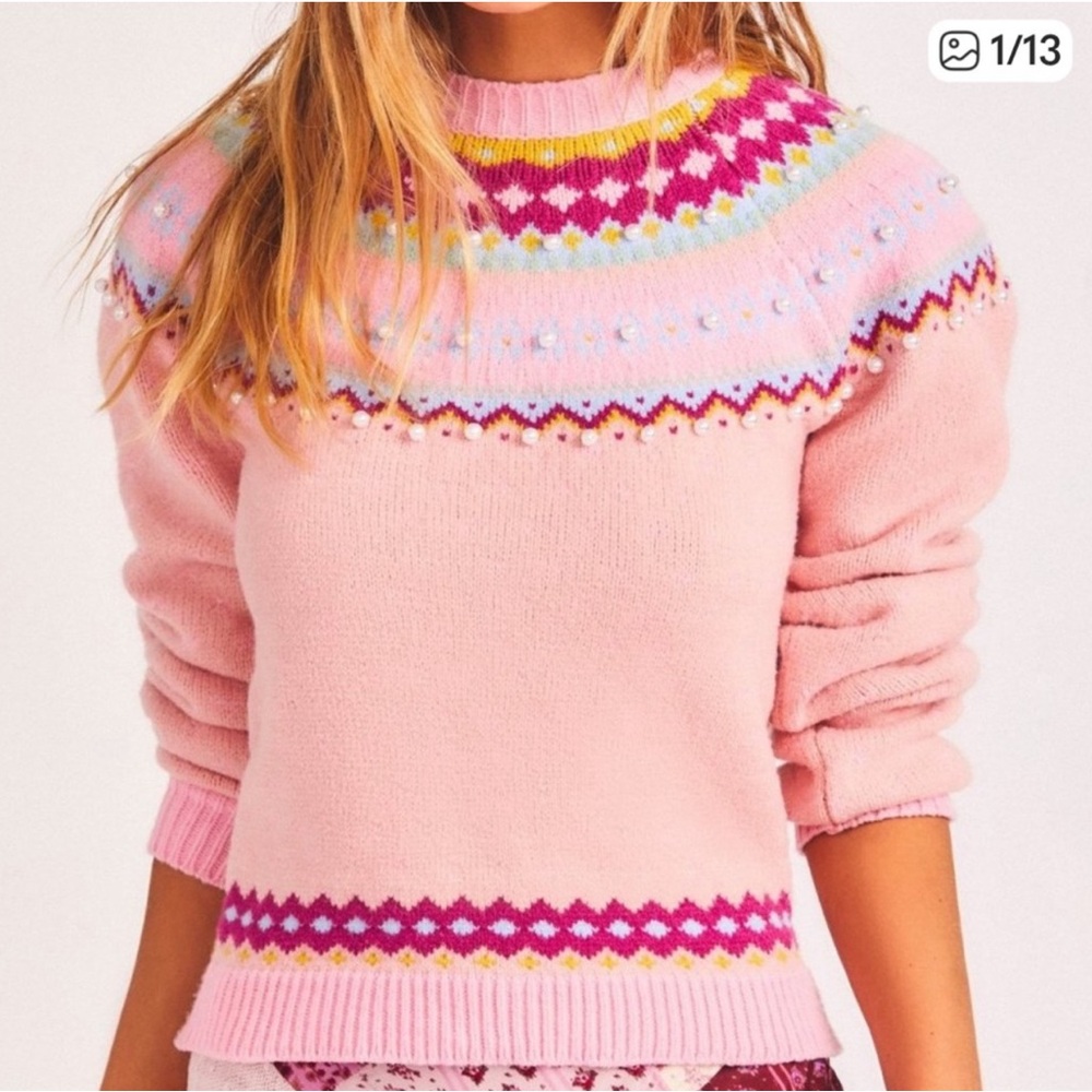 LoveShackFancy Pink and Purple Fair Isle Sweater Size S